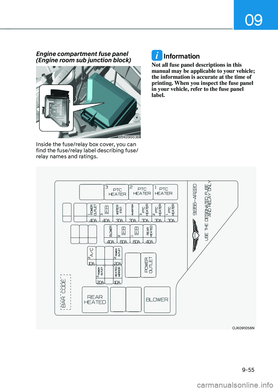 GENESIS GV70 2023 Owners Manual 09
9-55
Engine compartment fuse panel
(Engine room sub junction block)
OJK090036OJK090036
Inside the fuse/relay box cover, you can
find the fuse/relay label describing fuse/
relay names and ratings. GENESIS GV70 2023 Owners Manual 09
9-55
Engine compartment fuse panel
(Engine room sub junction block)
OJK090036OJK090036
Inside the fuse/relay box cover, you can
find the fuse/relay label describing fuse/
relay names and ratings.