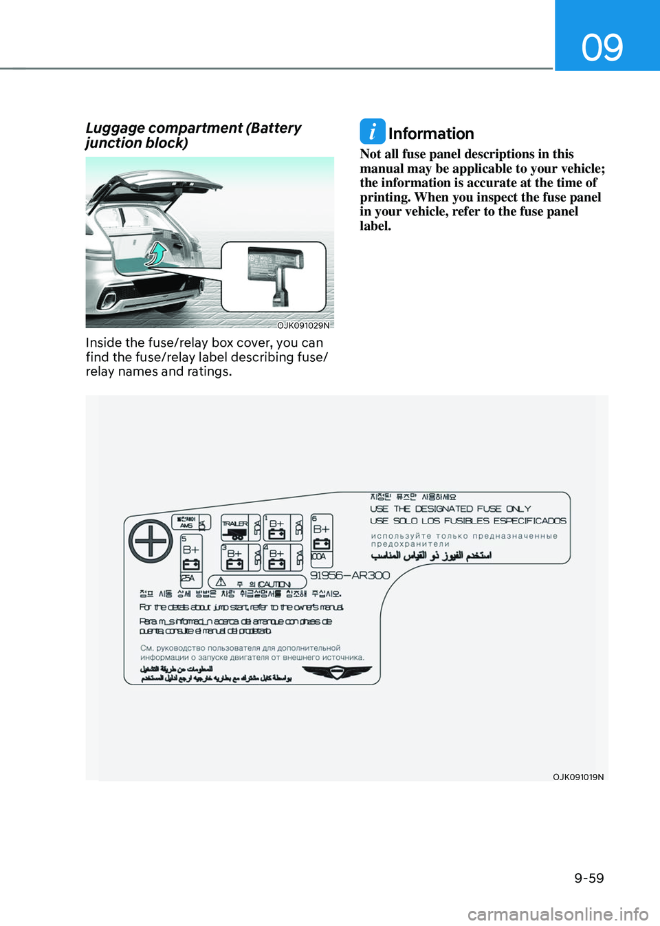 GENESIS GV70 2023 Owners Manual 09
9-59
Luggage compartment (Battery
junction block)
OJK091029NOJK091029N
Inside the fuse/relay box cover, you can
find the fuse/relay label describing fuse/
relay names and ratings.
Information
No GENESIS GV70 2023 Owners Manual 09
9-59
Luggage compartment (Battery
junction block)
OJK091029NOJK091029N
Inside the fuse/relay box cover, you can
find the fuse/relay label describing fuse/
relay names and ratings.
Information
No