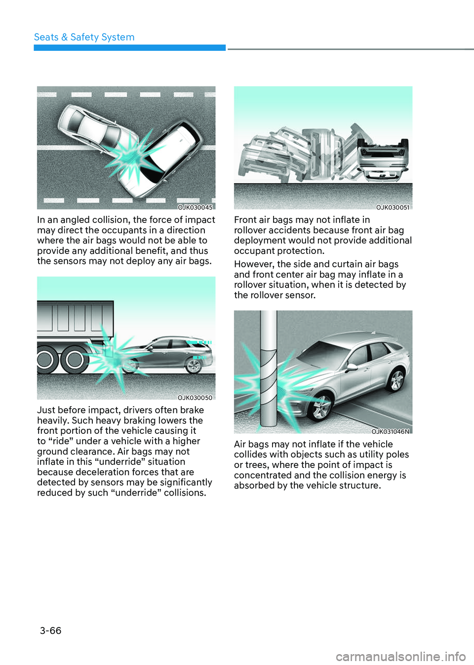 GENESIS GV70 2023 Owners Manual Seats & Safety System
3-66
OJK030045OJK030045
In an angled collision, the force of impact
may direct the occupants in a direction
where the air bags would not be able to
provide any additional bene GENESIS GV70 2023 Owners Manual Seats & Safety System
3-66
OJK030045OJK030045
In an angled collision, the force of impact
may direct the occupants in a direction
where the air bags would not be able to
provide any additional bene