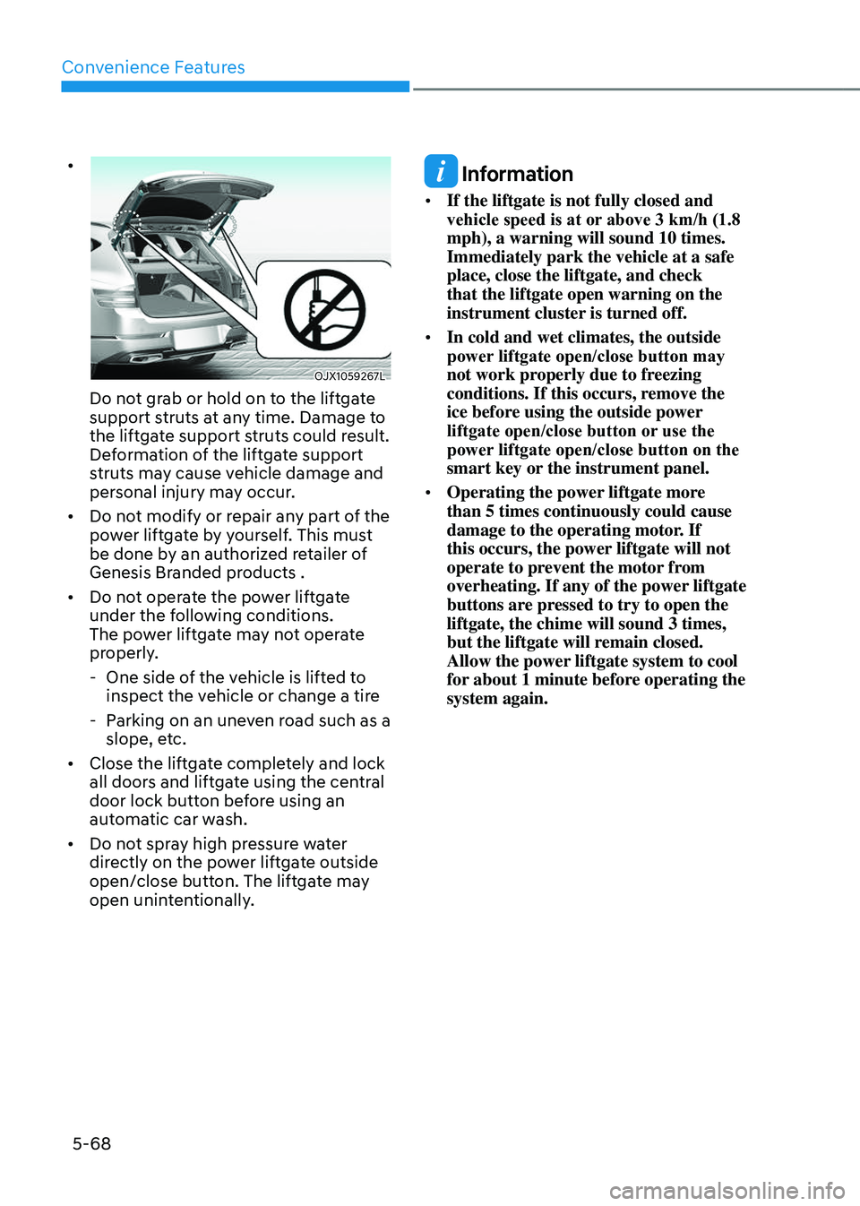 GENESIS GV80 2023  Owners Manual Convenience Features
5-68
•  
OJX1059267LOJX1059267L
Do not grab or hold on to the liftgate 
support struts at any time. Damage to 
the liftgate support struts could result. 
Deformation of the lift