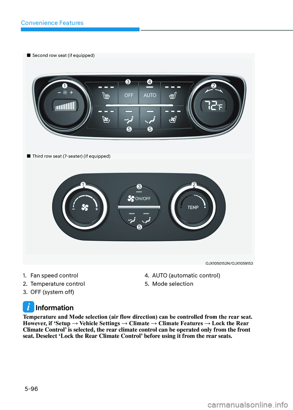 GENESIS GV80 2023  Owners Manual Convenience Features
5-96
 Information
Temperature and Mode selection (air flow direction) can be controlled from the rear seat. 
However, if ‘Setup → Vehicle Settings → Climate → Climate Feat