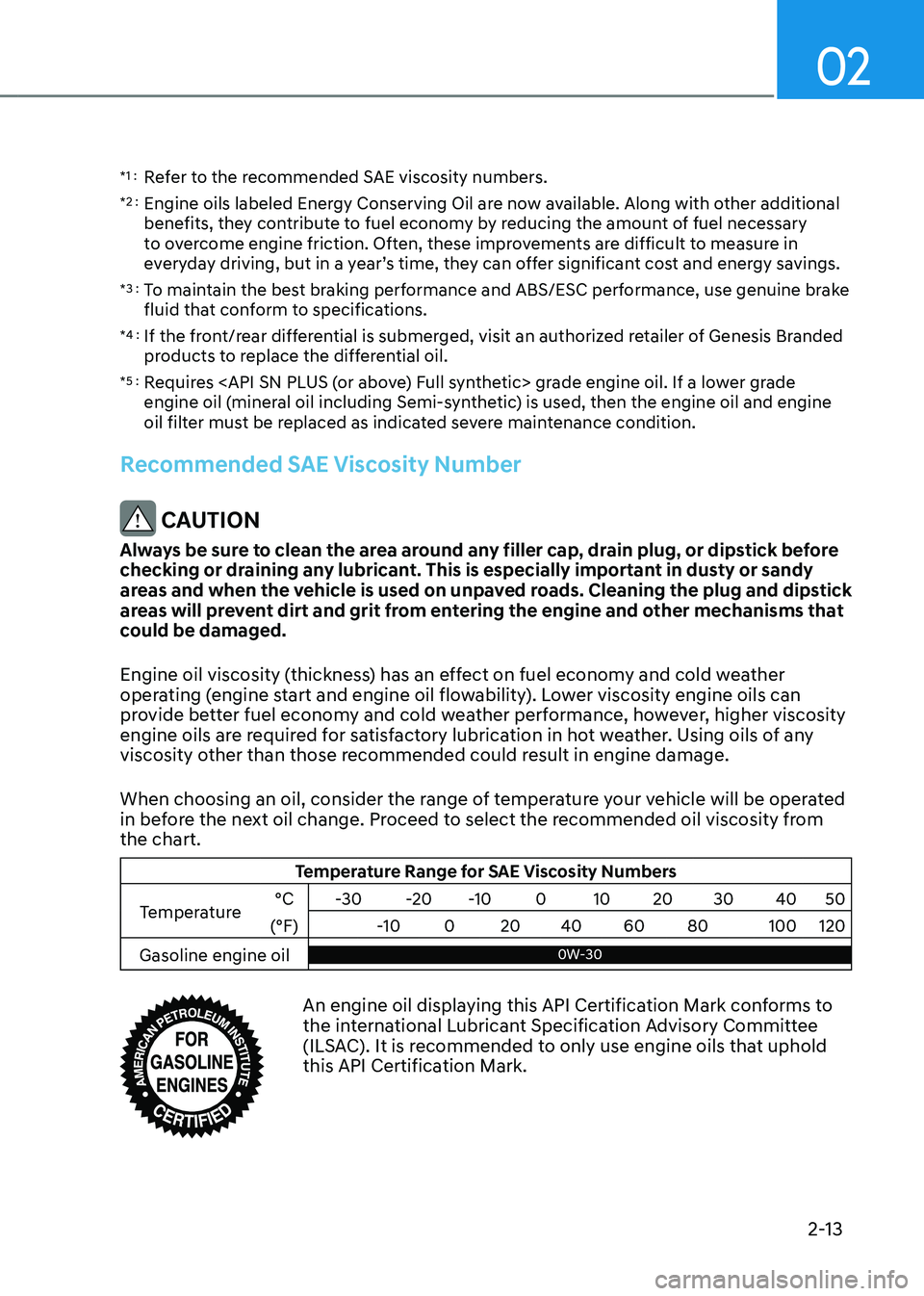 GENESIS GV80 2023 Owners Manual 02
2-13
*1 : Refer to the recommended SAE viscosity numbers.
*2 : Engine oils labeled Energy Conserving Oil are now available. Along with other additional
benefits, they contribute to fuel economy by GENESIS GV80 2023 Owners Manual 02
2-13
*1 : Refer to the recommended SAE viscosity numbers.
*2 : Engine oils labeled Energy Conserving Oil are now available. Along with other additional
benefits, they contribute to fuel economy by