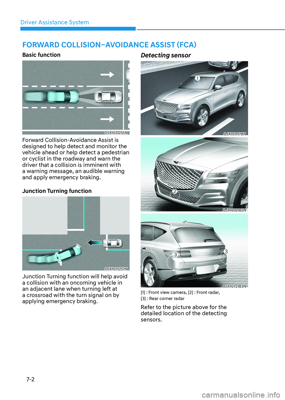 GENESIS GV80 2023  Owners Manual Driver Assistance System
7-2
Basic function
  OJX1071255N  OJX1071255N
Forward Collision-Avoidance Assist is 
designed to help detect and monitor the 
vehicle ahead or help detect a pedestrian 
or cyc