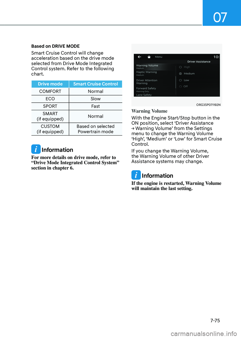 GENESIS GV80 2023 Owners Manual 07
7-7 5
Based on DRIVE MODE
Smart Cruise Control will change
acceleration based on the drive mode
selected from Drive Mode Integrated
Control system. Refer to the following
chart.
Drive modeSmar GENESIS GV80 2023 Owners Manual 07
7-7 5
Based on DRIVE MODE
Smart Cruise Control will change
acceleration based on the drive mode
selected from Drive Mode Integrated
Control system. Refer to the following
chart.
Drive modeSmar