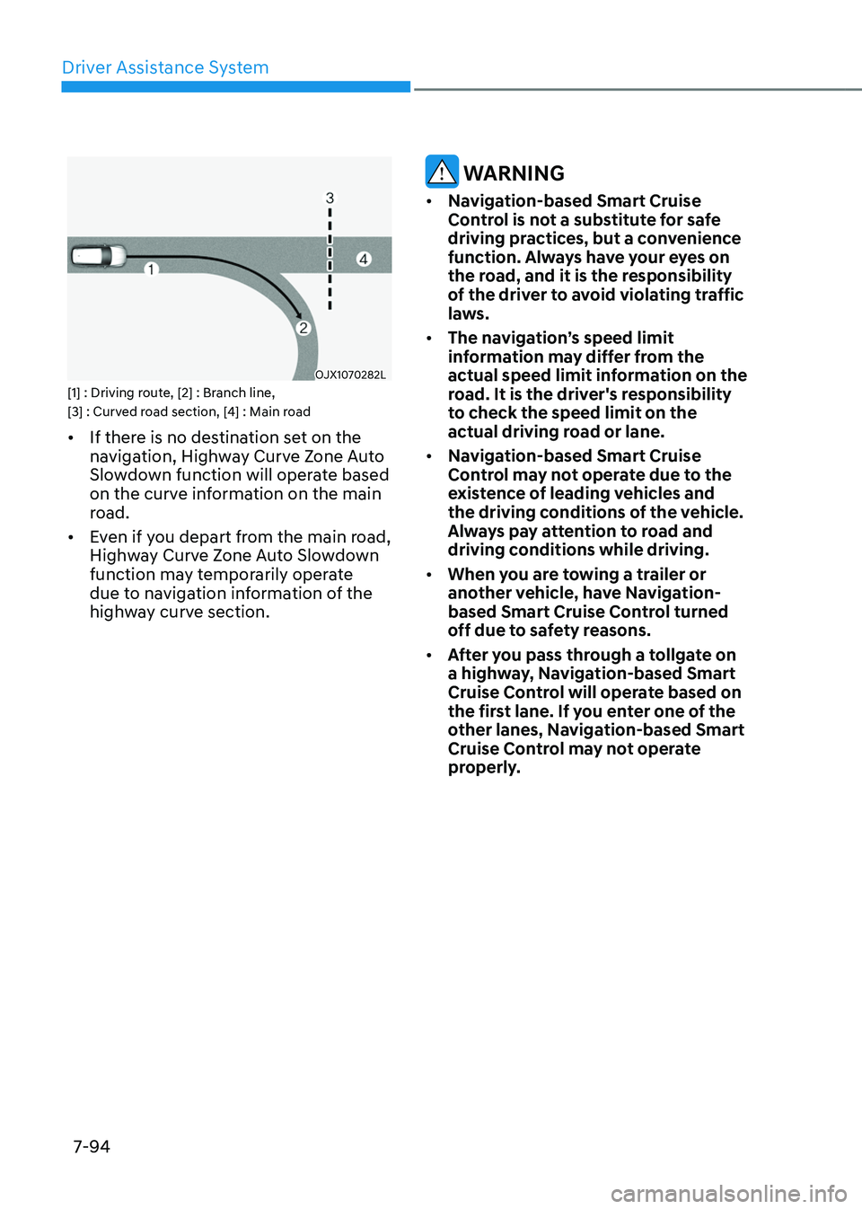 GENESIS GV80 2023  Owners Manual Driver Assistance System
7-94
OJX1070282LOJX1070282L[1] : Driving route, [2] : Branch line,
[3] : Curved road section, [4] : Main road
• If there is no destination set on the 
navigation, Highway Cu