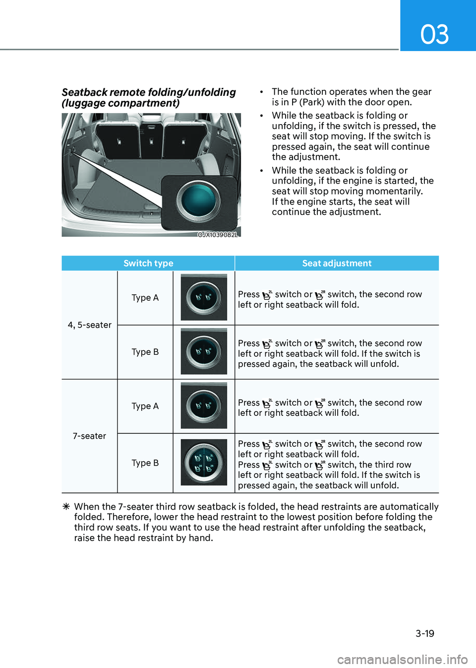GENESIS GV80 2023 Service Manual 03
3-19
Switch typeSeat adjustment
4, 5-seater Type A
Press switch or switch, the second row left or right seatback will fold.
Type B
Press switch or switch, the second row left or right seatback GENESIS GV80 2023 Service Manual 03
3-19
Switch typeSeat adjustment
4, 5-seater Type A
Press switch or switch, the second row left or right seatback will fold.
Type B
Press switch or switch, the second row left or right seatback