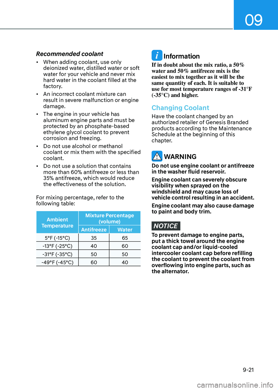 GENESIS GV80 2023  Owners Manual 09
9-21
Recommended coolant
• When adding coolant, use only 
deionized water, distilled water or soft 
water for your vehicle and never mix 
hard water in the coolant filled at the 
factory.
• An 