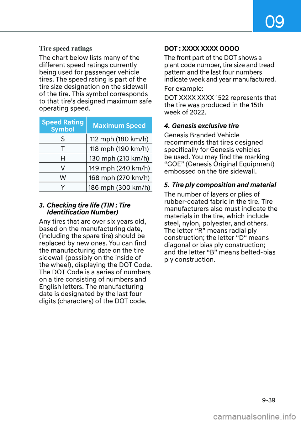 GENESIS GV80 2023 Owners Manual 09
9-39
Tire speed ratings
The chart below lists many of the
different speed ratings currently
being used for passenger vehicle
tires. The speed rating is part of the
tire size designation on the GENESIS GV80 2023 Owners Manual 09
9-39
Tire speed ratings
The chart below lists many of the
different speed ratings currently
being used for passenger vehicle
tires. The speed rating is part of the
tire size designation on the