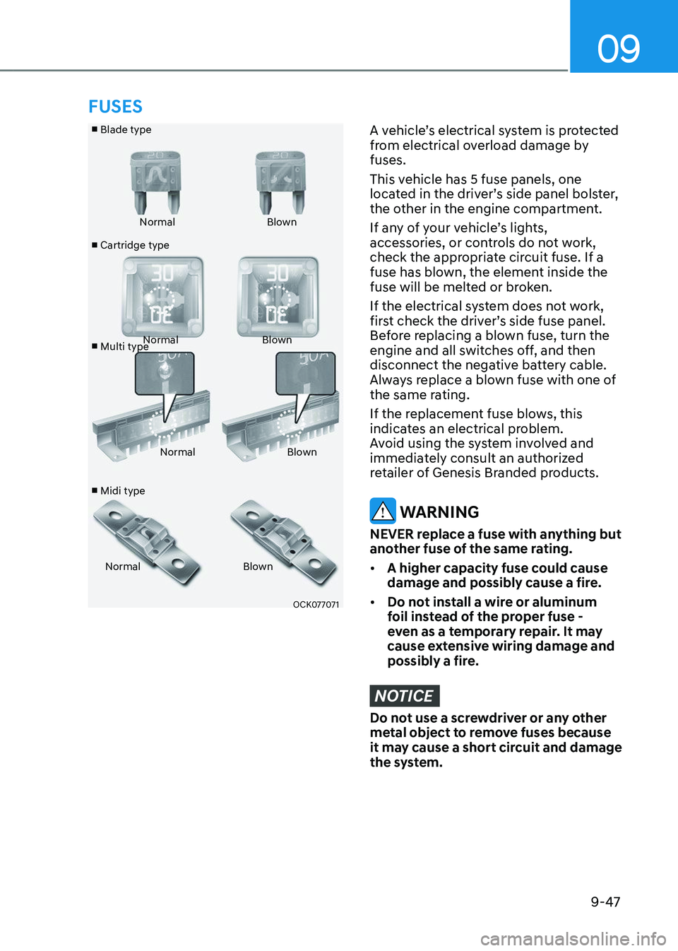 GENESIS GV80 2023  Owners Manual 09
9-47
■ Blade type
■ Cartridge type
■  Multi type
■  Midi type Normal
Blown
Normal Blown
Normal Blown
Normal Blown
OCK077071OCK077071
A vehicle’s electrical system is protected 
from elect
