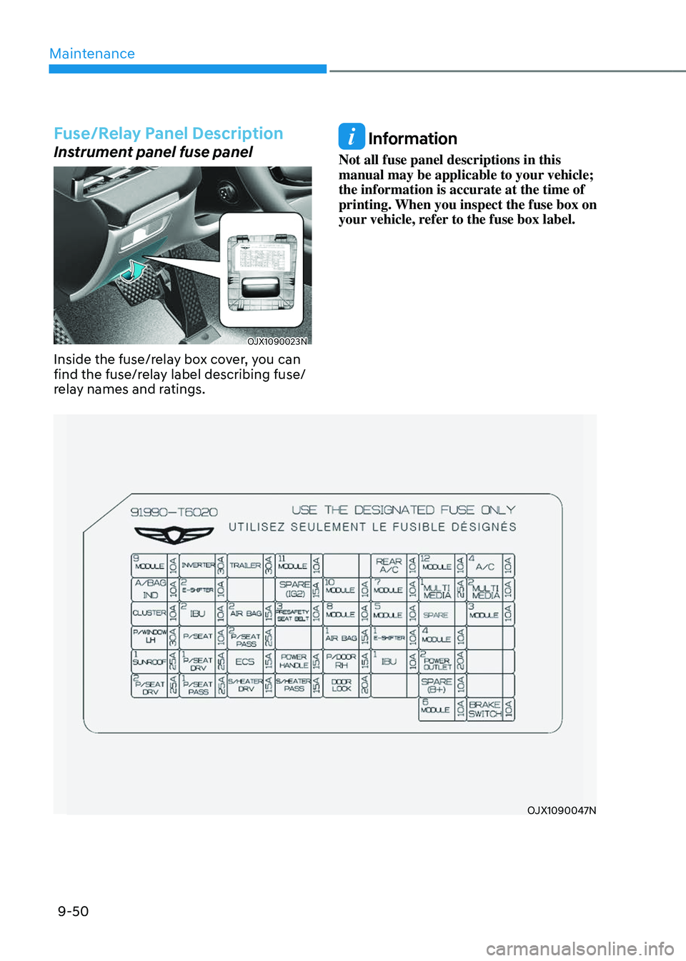 GENESIS GV80 2023  Owners Manual Maintenance
9-50
Fuse/Relay Panel Description
Instrument panel fuse panel
OJX1090023NOJX1090023N
Inside the fuse/relay box cover, you can 
find the fuse/relay label describing fuse/
relay names and ra