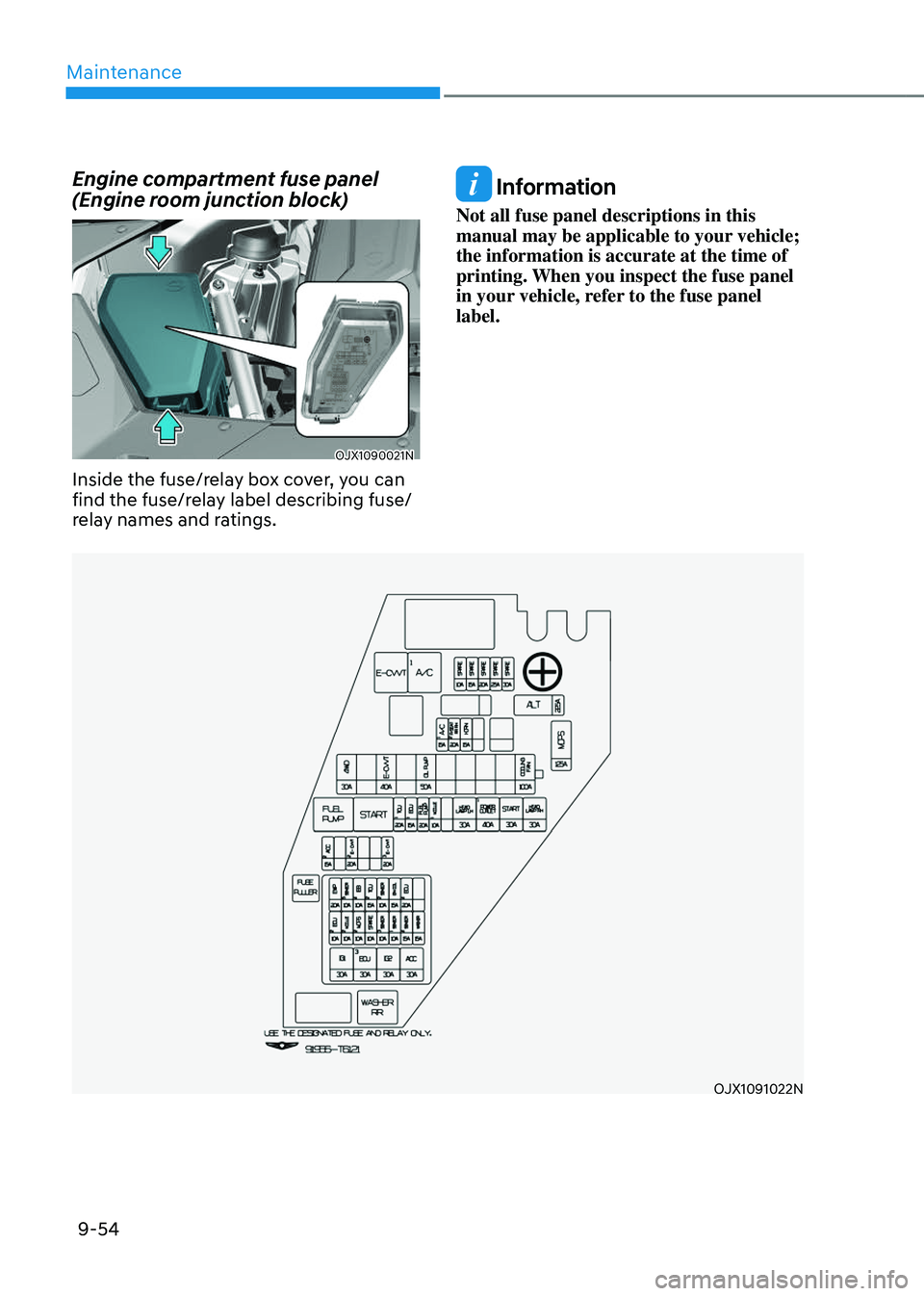GENESIS GV80 2023  Owners Manual Maintenance
9-54
Engine compartment fuse panel 
(Engine room junction block)
OJX1090021NOJX1090021N
Inside the fuse/relay box cover, you can 
find the fuse/relay label describing fuse/
relay names and