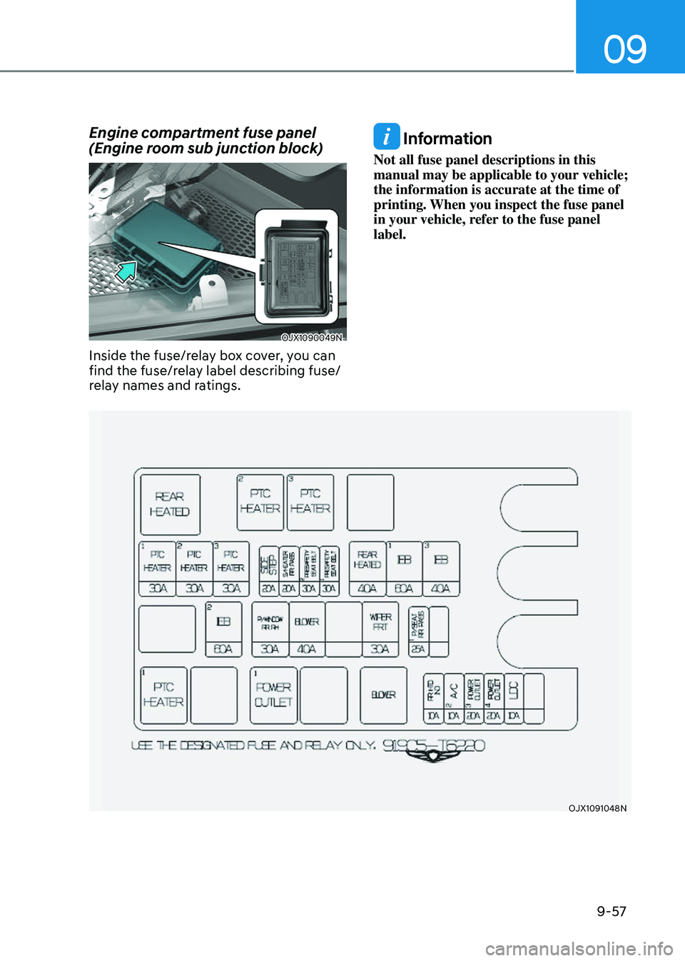 GENESIS GV80 2023  Owners Manual 09
9-57
Engine compartment fuse panel 
(Engine room sub junction block)
OJX1090049NOJX1090049N
Inside the fuse/relay box cover, you can 
find the fuse/relay label describing fuse/
relay names and rati