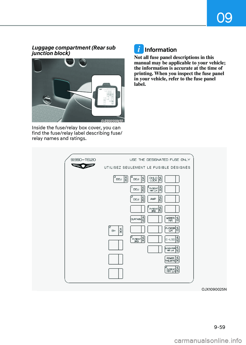 GENESIS GV80 2023  Owners Manual 09
9-59
Luggage compartment (Rear sub 
junction block)
OJX1090024NOJX1090024N
Inside the fuse/relay box cover, you can 
find the fuse/relay label describing fuse/
relay names and ratings.
 Information