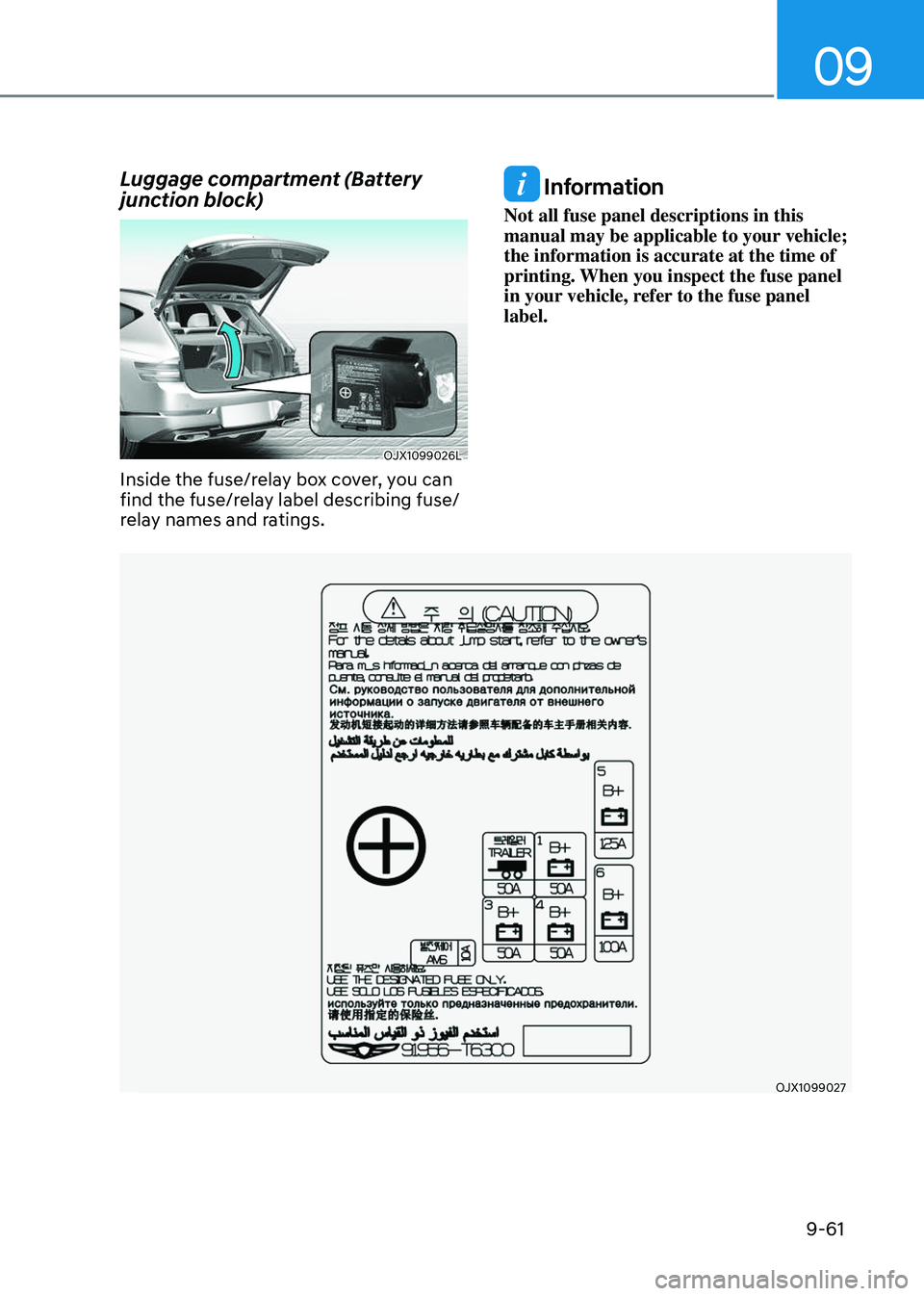 GENESIS GV80 2023  Owners Manual 09
9-61
Luggage compartment (Battery 
junction block)
OJX1099026LOJX1099026L
Inside the fuse/relay box cover, you can 
find the fuse/relay label describing fuse/
relay names and ratings.
 Information
