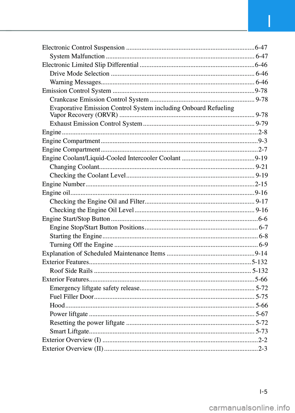 GENESIS GV80 2023  Owners Manual I
I-5
Electronic Control Suspension ........................................................................\....6-47
System Malfunction
 .............................................................