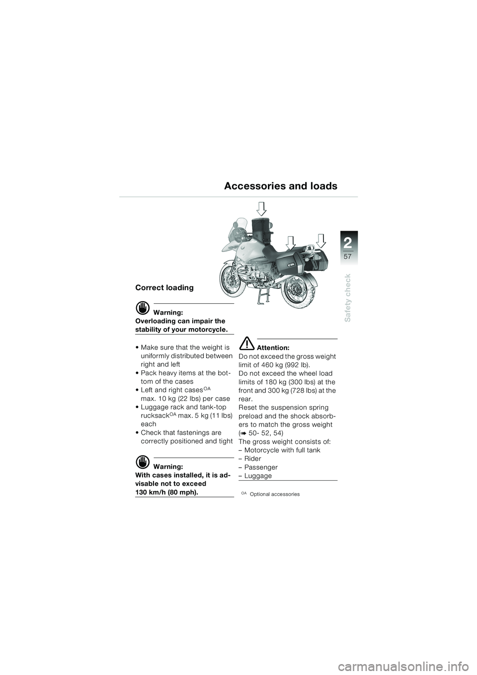 BMW MOTORRAD R 1150 GS 2002 Riders Manual (in English) 2
57
Safety check
Correct loading
d Warning:
Overloading can impair the
stability of your motorcycle.
Make sure that the weight is
uniformly distributed between
right and left
Pack heavy items BMW MOTORRAD R 1150 GS 2002 Riders Manual (in English) 2
57
Safety check
Correct loading
d Warning:
Overloading can impair the
stability of your motorcycle.
Make sure that the weight is
uniformly distributed between
right and left
Pack heavy items