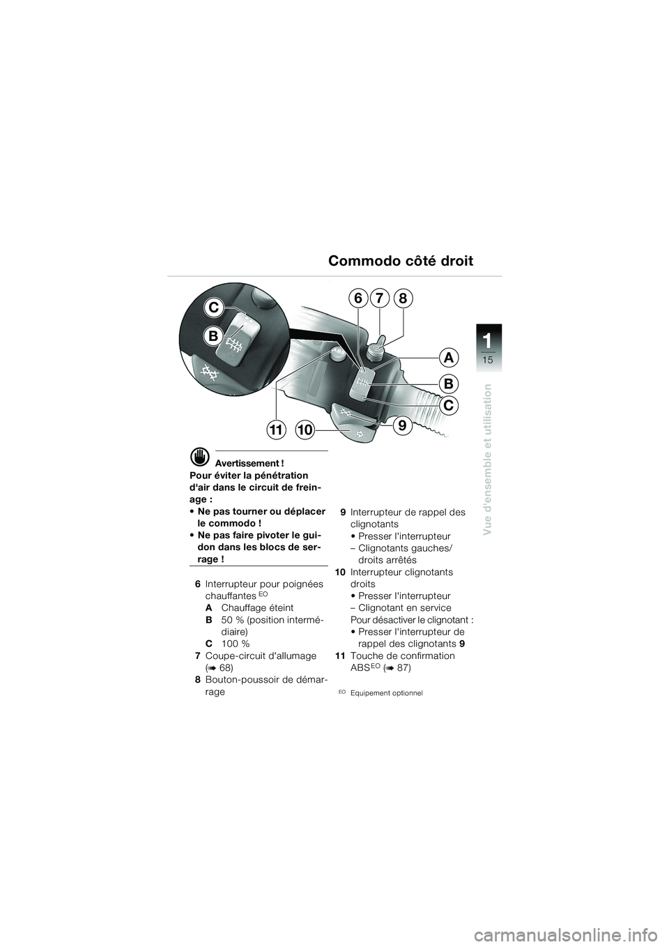 BMW MOTORRAD R 1150 GS 2002  Livret de bord (in French) 111
15
Vue densemble et utilisation
d Avertissement !
Pour éviter la pénétration 
dair dans le circuit de frein-
age : 
• Ne pas tourner ou déplacer  le commodo !
• Ne pas faire pivoter le g