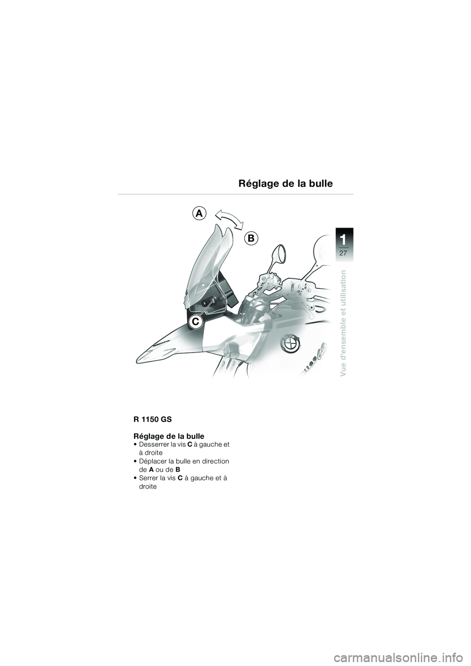 BMW MOTORRAD R 1150 GS Adventure 2002  Livret de bord (in French) 111
27
Vue densemble et utilisation
A
B
C
R 1150 GS
Réglage de la bulle
• Desserrer la vis C à gauche et 
à droite
• Déplacer la bulle en direction  de  A ou de B
• Serrer la vis  C à gauc