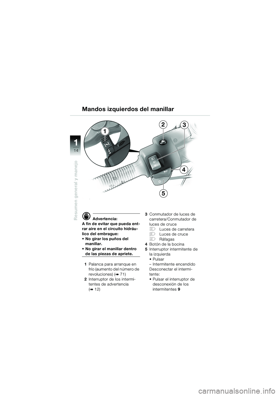 BMW MOTORRAD R 1150 GS Adventure 2002 Manual de instrucciones (in Spanish) 11
14
Resumen general y manejo
1
23
4
5
d Advertencia:
A fin de evitar que pueda ent-
rar aire en el circuito hidráu-
lico del embrague:
• No girar los puños del manillar.
• No girar el manill BMW MOTORRAD R 1150 GS Adventure 2002 Manual de instrucciones (in Spanish) 11
14
Resumen general y manejo
1
23
4
5
d Advertencia:
A fin de evitar que pueda ent-
rar aire en el circuito hidráu-
lico del embrague:
• No girar los puños del manillar.
• No girar el manill