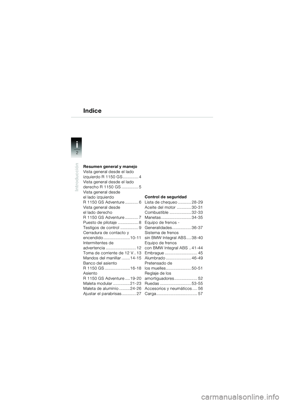 BMW MOTORRAD R 1150 GS 2002  Manual de instrucciones (in Spanish) i
2
Introducción
Resumen general y manejo
Vista general desde el lado 
izquierdo R 1150 GS ............. 4
Vista general desde el lado 
derecho R 1150 GS .............. 5
Vista general desde 
el lado
