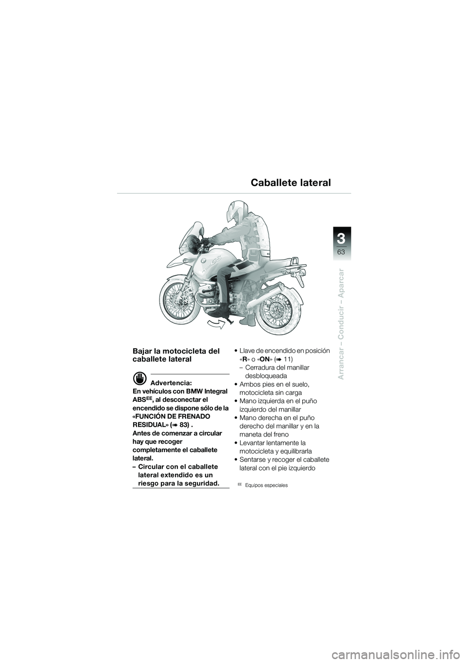 BMW MOTORRAD R 1150 GS 2002 Manual de instrucciones (in Spanish) 33
63
Arrancar – Conducir – Aparcar
Bajar la motocicleta del
caballete lateral
d Advertencia:
En vehÃculos con BMW Integral
ABS
EE, al desconectar el
encendido se dispone sólo de la
«FUNCIà BMW MOTORRAD R 1150 GS 2002 Manual de instrucciones (in Spanish) 33
63
Arrancar – Conducir – Aparcar
Bajar la motocicleta del
caballete lateral
d Advertencia:
En vehÃculos con BMW Integral
ABS
EE, al desconectar el
encendido se dispone sólo de la
«FUNCIÃ
