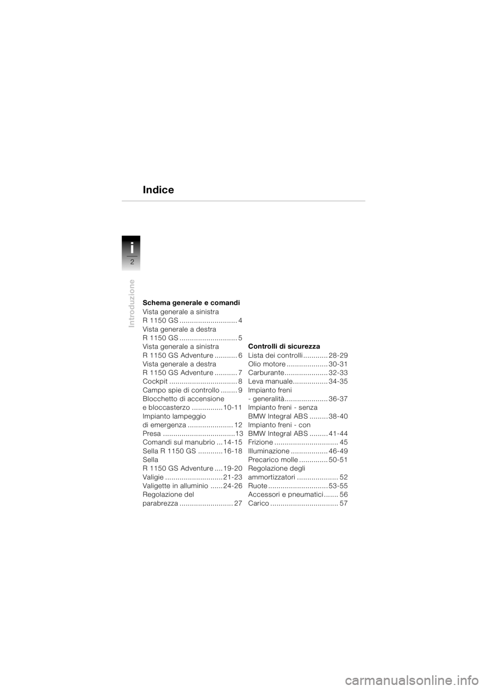 BMW MOTORRAD R 1150 GS Adventure 2002  Libretto di uso e manutenzione (in Italian) i
2
Introduzione
Schema generale e comandi
Vista generale a sinistra
R 1150 GS ............................ 4
Vista generale a destra
R 1150 GS ............................ 5
Vista generale a sinistra
