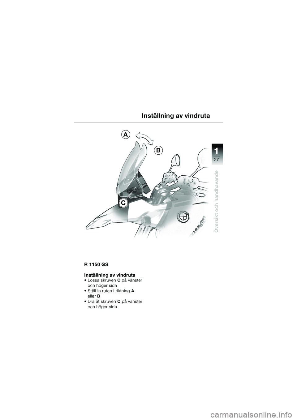 BMW MOTORRAD R 1150 GS 2002  Instruktionsbok (in Swedish) 111
27
Översikt och handhavande
A
B
C
R 1150 GS
Inställning av vindruta
• Lossa skruven C på vänster 
och höger sida
• Ställ in rutan i riktning A 
eller B
• Dra åt skruven C på vänster