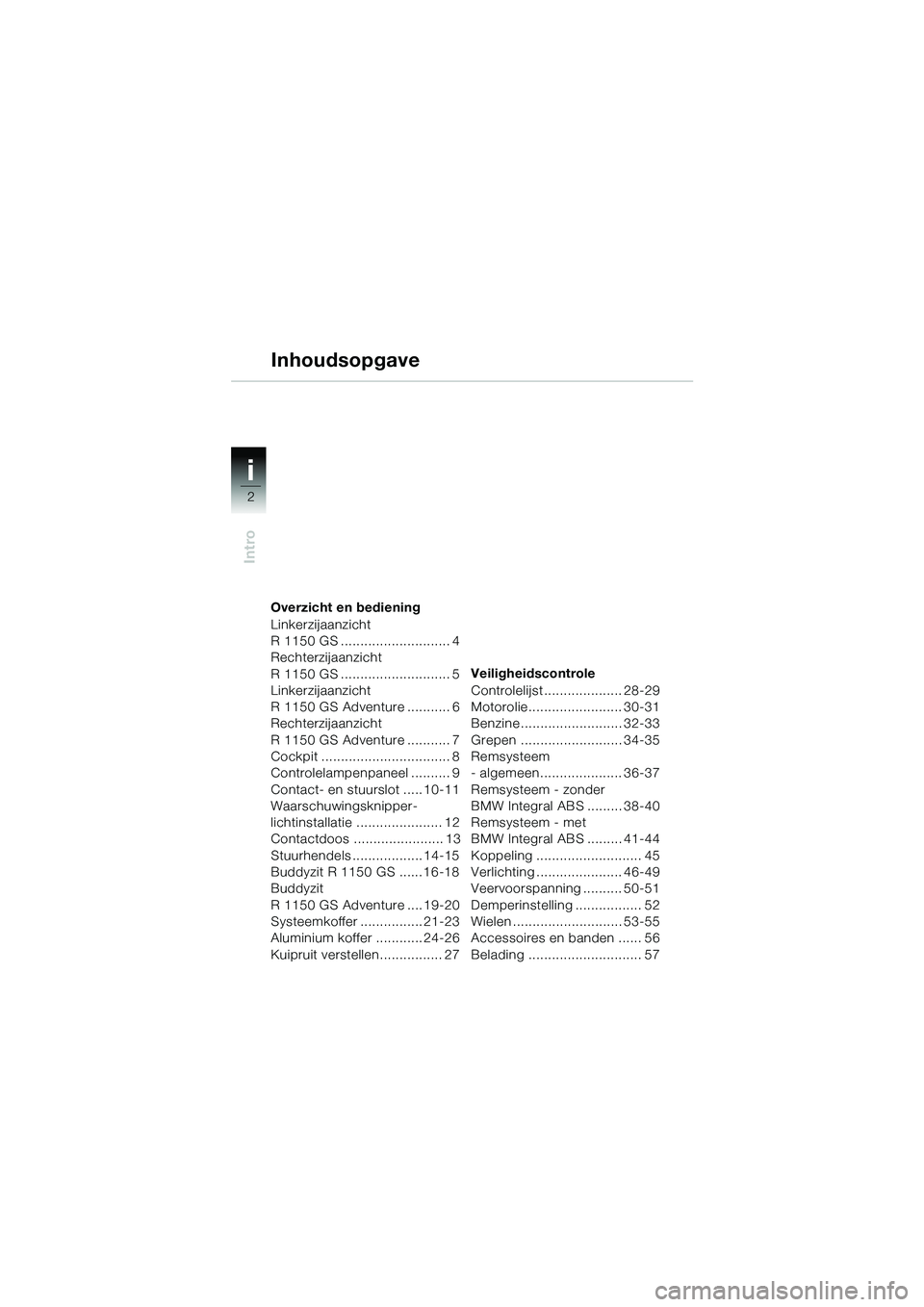 BMW MOTORRAD R 1150 GS 2002  Handleiding (in Dutch) i
2
Intro
Overzicht en bediening
Linkerzijaanzicht
R 1150 GS ............................ 4
Rechterzijaanzicht
R 1150 GS ............................ 5
Linkerzijaanzicht
R 1150 GS Adventure ..........