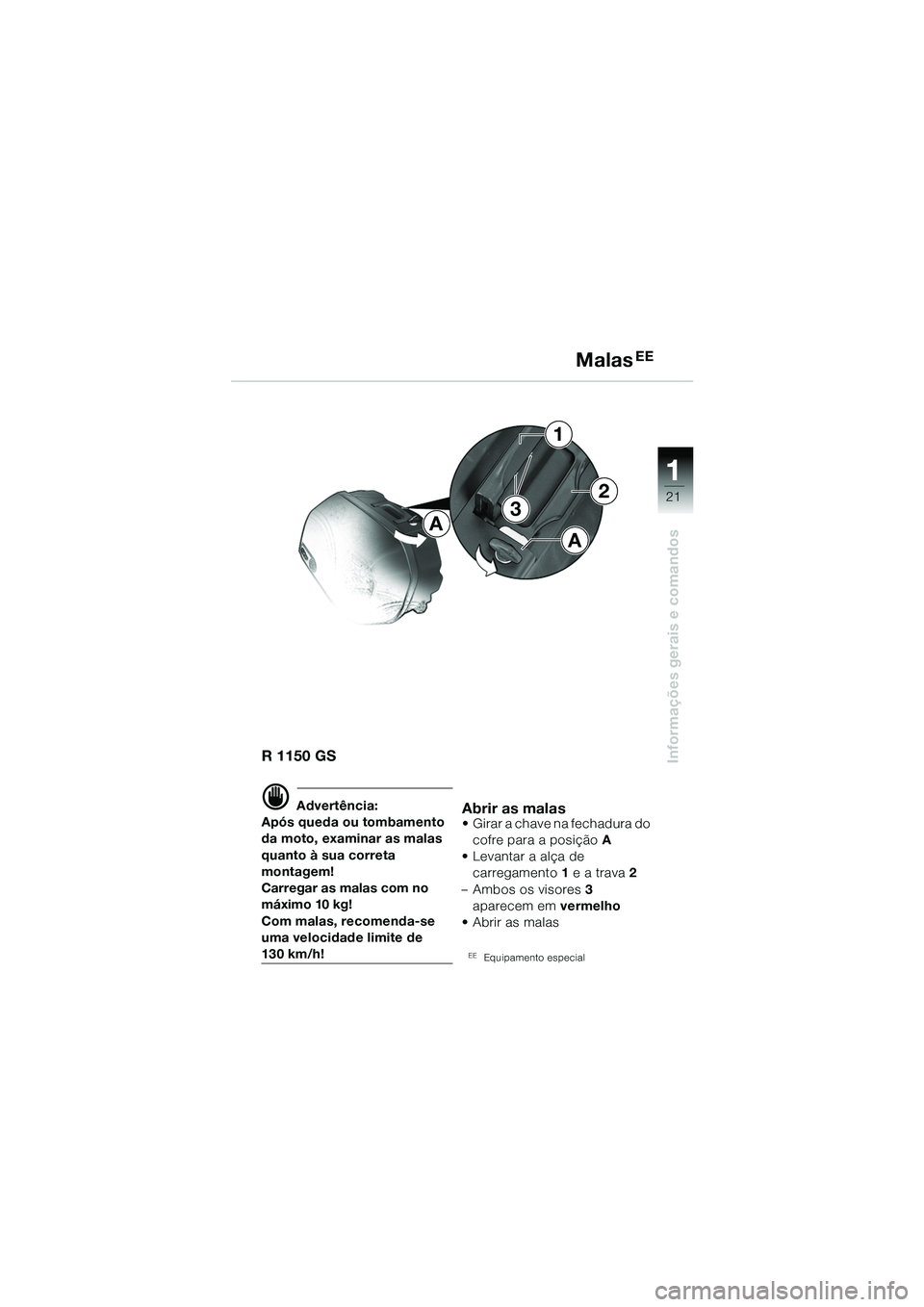 BMW MOTORRAD R 1150 GS 2002  Manual do condutor (in Portuguese) 111
21
Informações gerais e comandos
MalasEE
A
1
2
3
A
R 1150 GS
d Advertência:
Após queda ou tombamento 
da moto, examinar as malas 
quanto à sua correta 
montagem!
Carregar as malas com no 
má