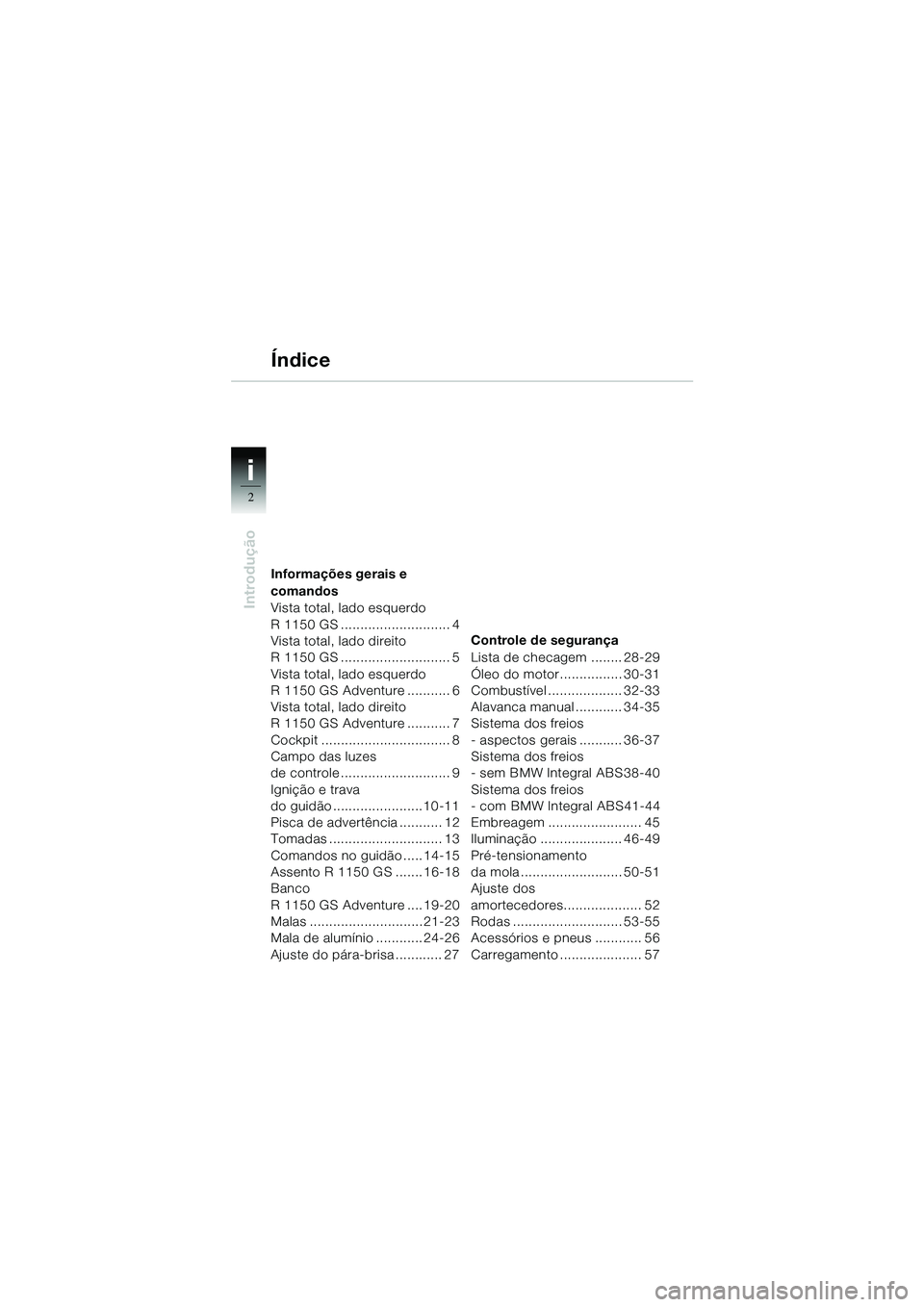 BMW MOTORRAD R 1150 GS Adventure 2002  Manual do condutor (in Portuguese) i
2
Introdução
Informações gerais e 
comandos
Vista total, lado esquerdo
R 1150 GS ............................ 4
Vista total, lado direito
R 1150 GS ............................ 5
Vista total, la