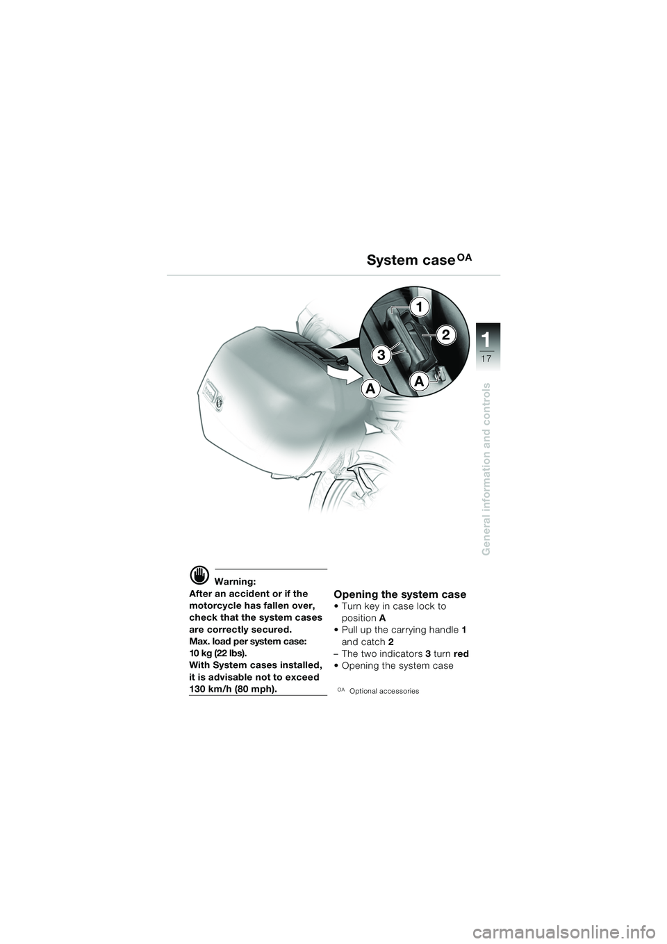 BMW MOTORRAD R 850 R 2004  Riders Manual (in English) 1
General information and controls
173
1
2
AA
d Warning:
After an accident or if the 
motorcycle has fallen over, 
check that the system cases 
are correctly secured.
Max. load per system case: 
10 kg