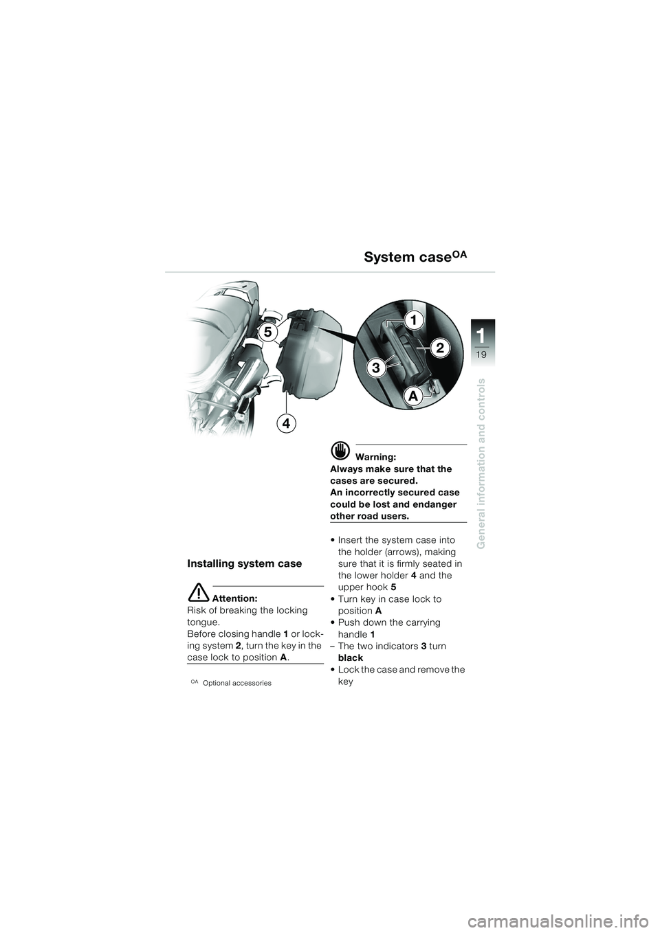 BMW MOTORRAD R 850 R 2004  Riders Manual (in English) 1
General information and controls
19
3
1
2
A
4
5
Installing system case
e Attention:
Risk of breaking the locking 
tongue.
Before closing handle  1 or lock-
ing system  2, turn the key in the 
case l