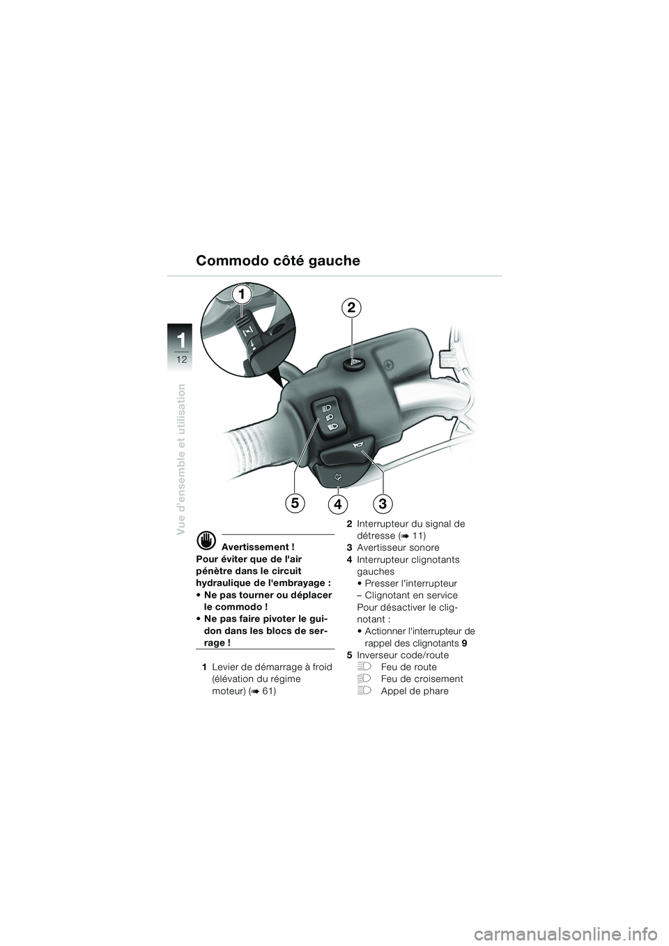 BMW MOTORRAD R 850 R 2004  Livret de bord (in French) 1
Vue d’ensemble et utilisation
12
d Avertissement !
Pour éviter que de lair 
pénètre dans le circuit 
hydraulique de lembrayage : 
 Ne pas tourner ou déplacer  le commodo !
 Ne pas faire pi