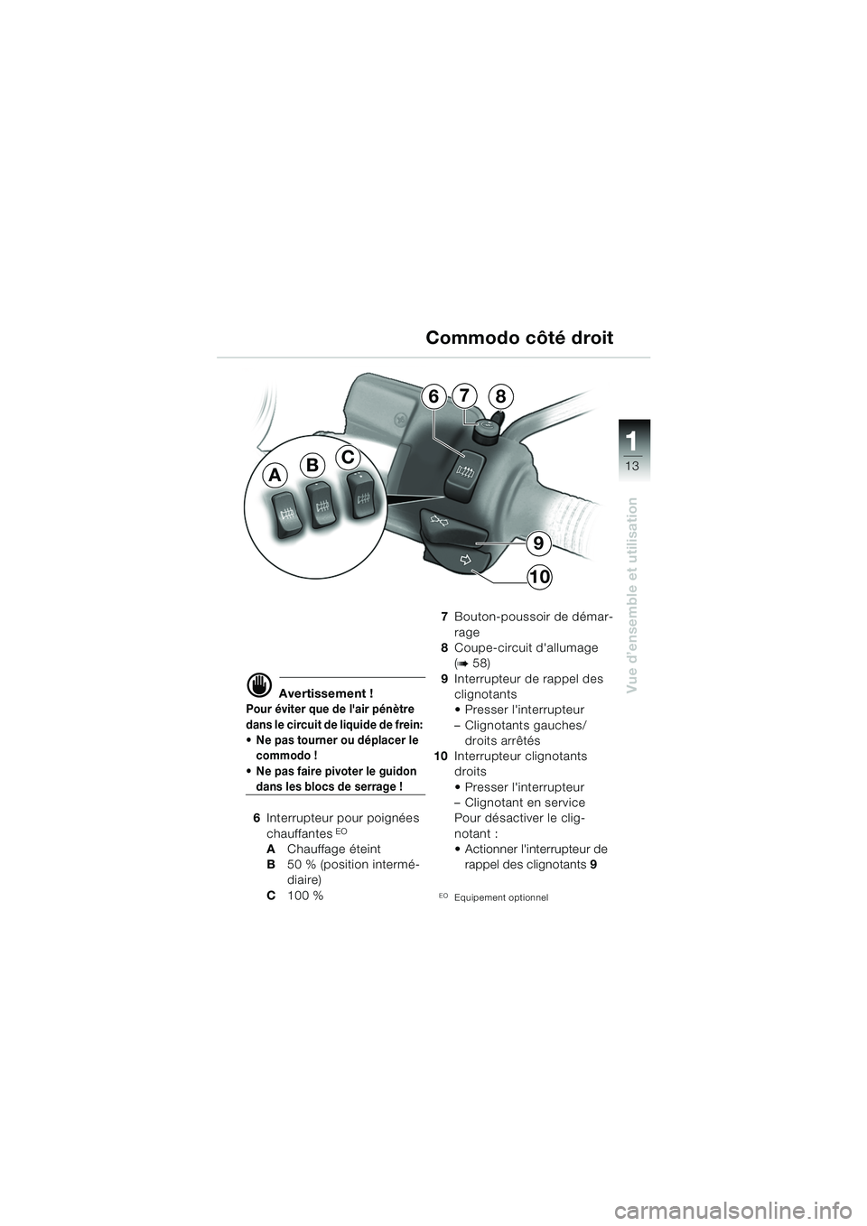 BMW MOTORRAD R 850 R 2004  Livret de bord (in French) 1
Vue d’ensemble et utilisation
13
d Avertissement !
Pour éviter que de lair pénètre 
dans le circuit de liquide de frein: 
 Ne pas tourner ou déplacer le commodo !
 Ne pas faire pivoter le g