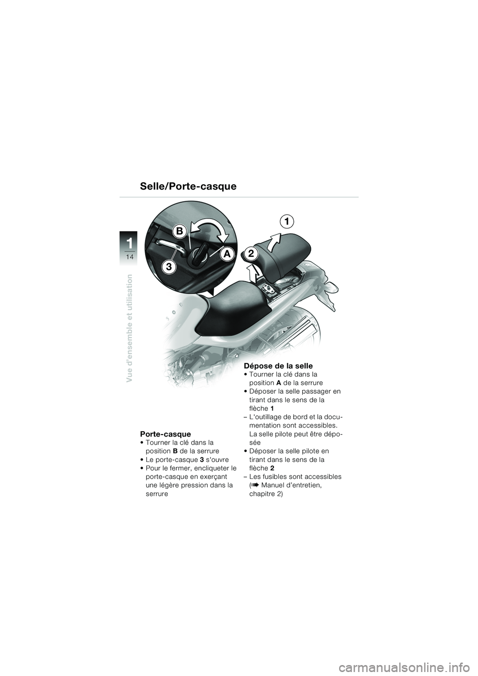 BMW MOTORRAD R 850 R 2004  Livret de bord (in French) 1
Vue d’ensemble et utilisation
14
Porte-casque
 Tourner la clé dans la position B de la serrure
 Le porte-casque 3 souvre
 Pour le fermer, encliqueter le 
porte-casque en exerçant 
une légè