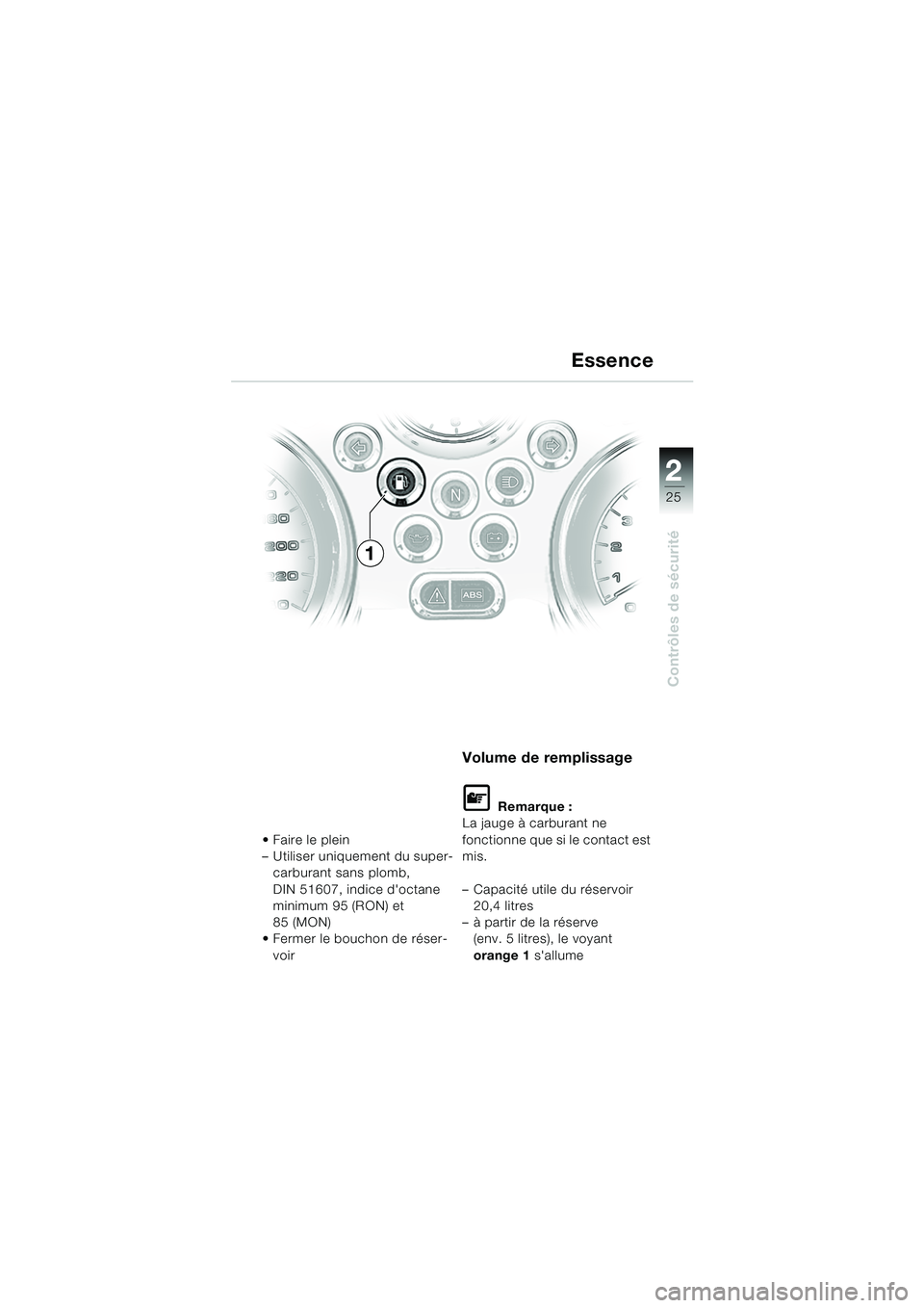 BMW MOTORRAD R 850 R 2004  Livret de bord (in French) 2
25
2
Contrôles de sécurité
Essence
Faire le plein
– Utiliser uniquement du super-carburant sans plomb, 
DIN 51607, indice doctane 
minimum 95 (RON) et 
85 (MON)
 Fermer le bouchon de réser-