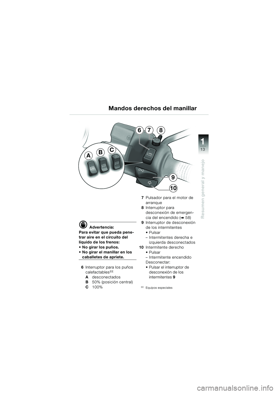 BMW MOTORRAD R 850 R 2004 Manual de instrucciones (in Spanish) 1
Resumen general y manejo
13
d Advertencia:
Para evitar que pueda pene-
trar aire en el circuito del
líquido de los frenos:
No girar los puños.
No girar el manillar en los
caballetes de apri BMW MOTORRAD R 850 R 2004 Manual de instrucciones (in Spanish) 1
Resumen general y manejo
13
d Advertencia:
Para evitar que pueda pene-
trar aire en el circuito del
líquido de los frenos:
No girar los puños.
No girar el manillar en los
caballetes de apri