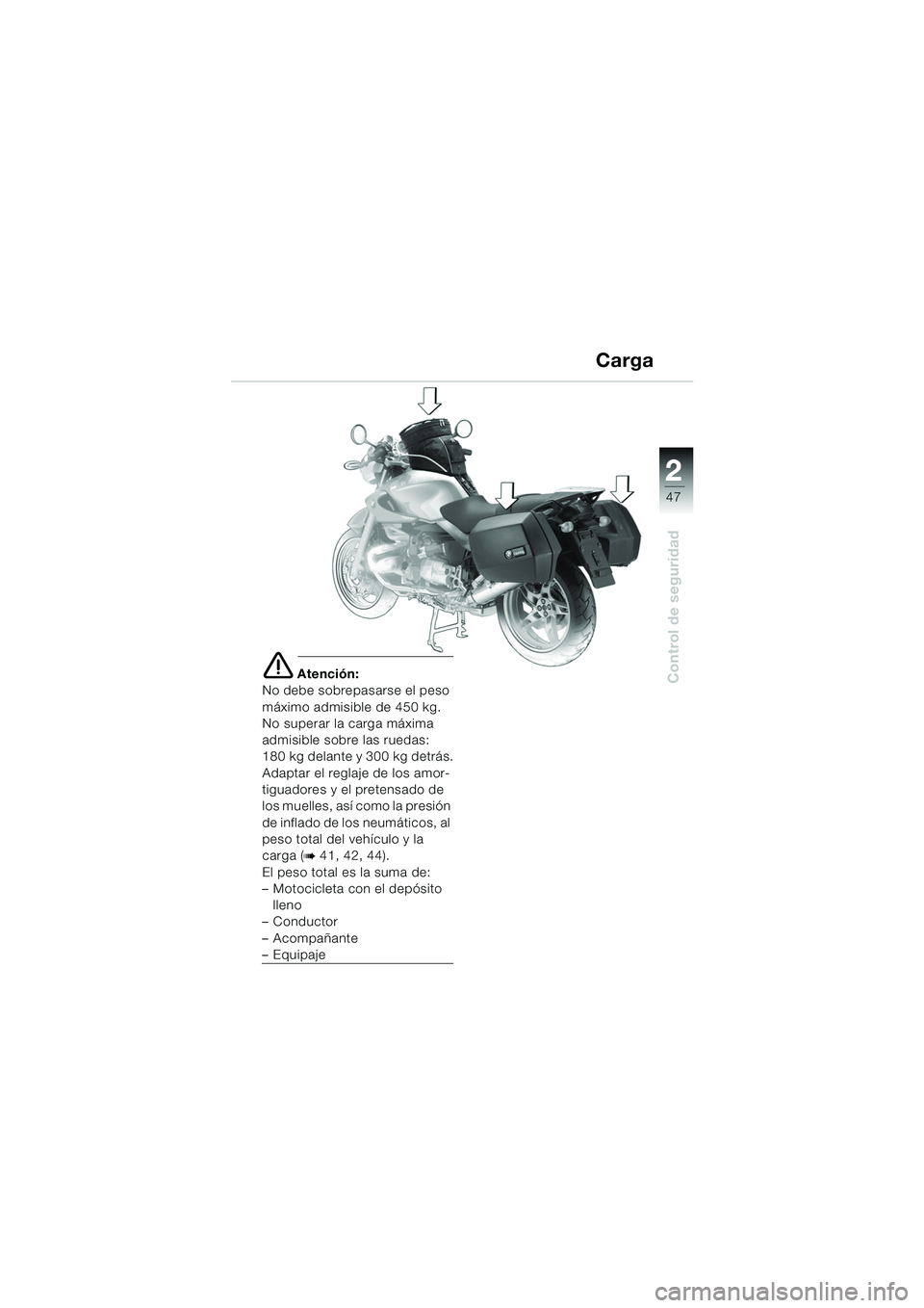 BMW MOTORRAD R 850 R 2004 Manual de instrucciones (in Spanish) 2
47
2
Control de seguridade Atención:
No debe sobrepasarse el peso
máximo admisible de 450 kg.
No superar la carga máxima
admisible sobre las ruedas:
180 kg delante y 300 kg detrás.
Adaptar el BMW MOTORRAD R 850 R 2004 Manual de instrucciones (in Spanish) 2
47
2
Control de seguridade Atención:
No debe sobrepasarse el peso
máximo admisible de 450 kg.
No superar la carga máxima
admisible sobre las ruedas:
180 kg delante y 300 kg detrás.
Adaptar el
