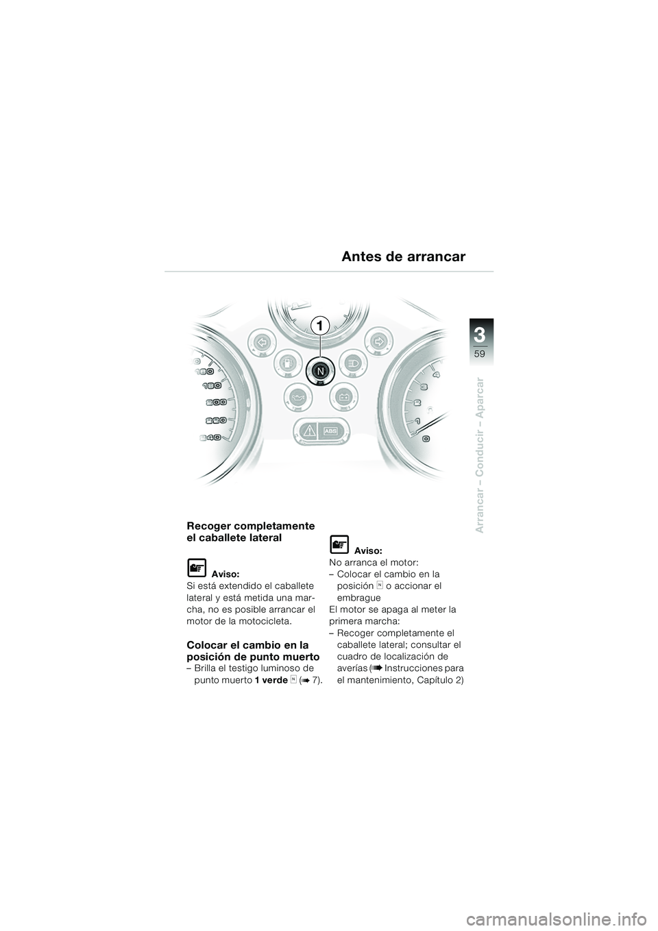 BMW MOTORRAD R 850 R 2004 Manual de instrucciones (in Spanish) 3
59
3
Arrancar – Conducir – AparcarRecoger completamente
el caballete lateral
L Aviso:
Si está extendido el caballete
lateral y está metida una mar-
cha, no es posible arrancar el
motor de l BMW MOTORRAD R 850 R 2004 Manual de instrucciones (in Spanish) 3
59
3
Arrancar – Conducir – AparcarRecoger completamente
el caballete lateral
L Aviso:
Si está extendido el caballete
lateral y está metida una mar-
cha, no es posible arrancar el
motor de l