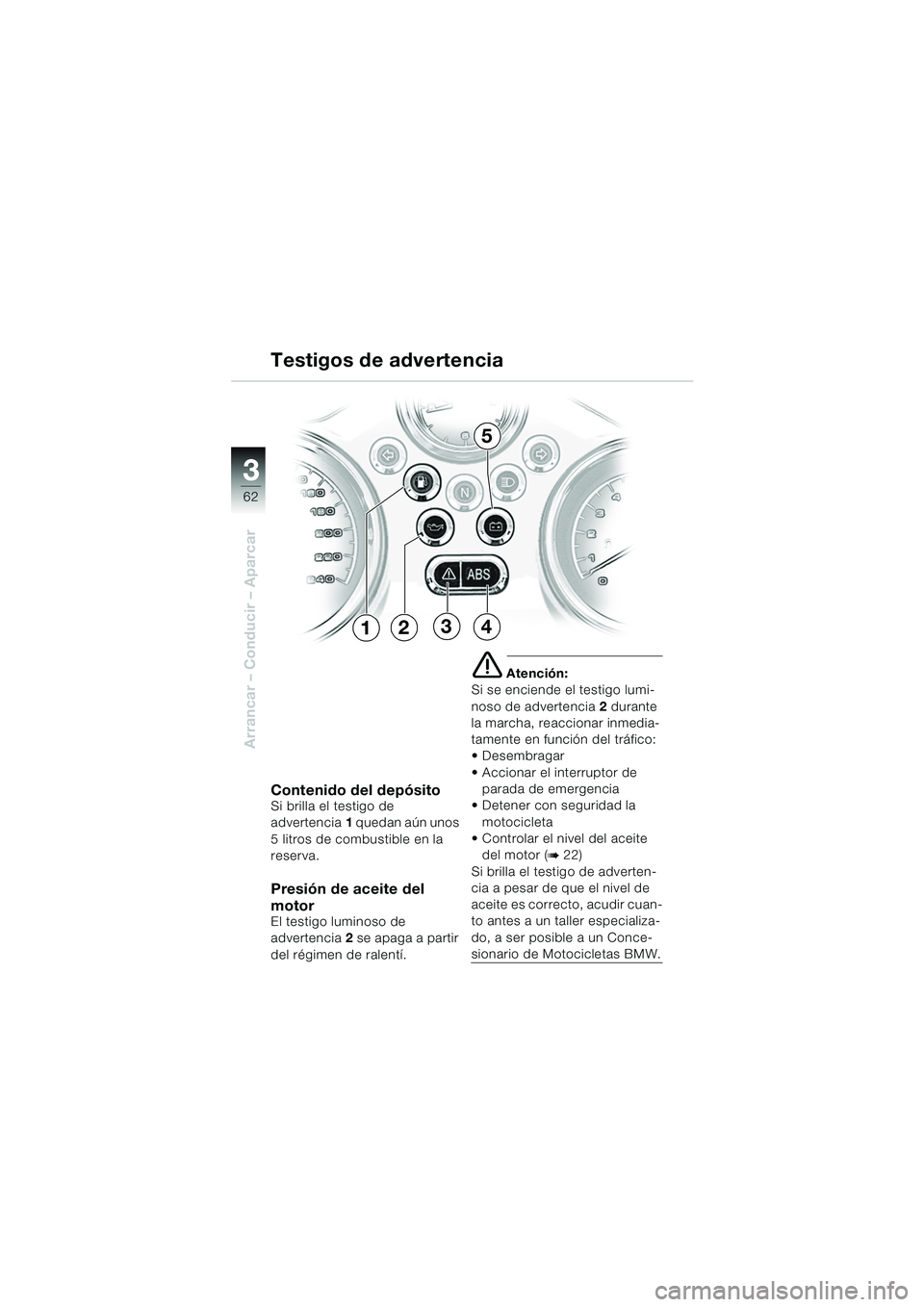 BMW MOTORRAD R 850 R 2004 Manual de instrucciones (in Spanish) 33
62
Arrancar – Conducir – Aparcar
Contenido del depósitoSi brilla el testigo de
advertencia1 quedan aún unos
5 litros de combustible en la
reserva.
Presión de aceite del
motor
El testigo BMW MOTORRAD R 850 R 2004 Manual de instrucciones (in Spanish) 33
62
Arrancar – Conducir – Aparcar
Contenido del depósitoSi brilla el testigo de
advertencia1 quedan aún unos
5 litros de combustible en la
reserva.
Presión de aceite del
motor
El testigo