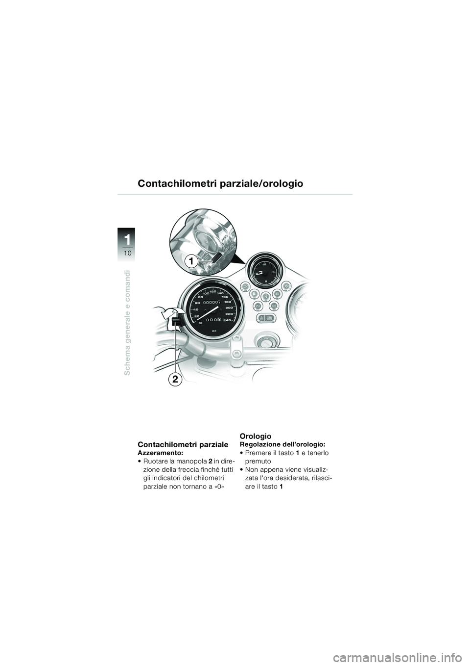 BMW MOTORRAD R 850 R 2004  Libretto di uso e manutenzione (in Italian) 1
Schema generale e comandi
10
Contachilometri parzialeAzzeramento:
 Ruotare la manopola 2 in dire-
zione della freccia finché tutti 
gli indicatori del chilometri 
parziale non tornano a «0»
Orol