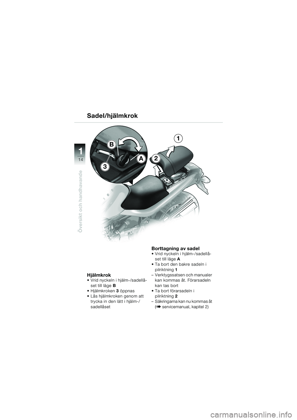 BMW MOTORRAD R 850 R 2004  Instruktionsbok (in Swedish) 1
Översikt och handhavande
14
Hjälmkrok Vrid nyckeln i hjälm-/sadellå-set till läge B
 Hjälmkroken 3 öppnas
 Lås hjälmkroken genom att  trycka in den lätt i hjälm-/
sadellåset
Borttagni