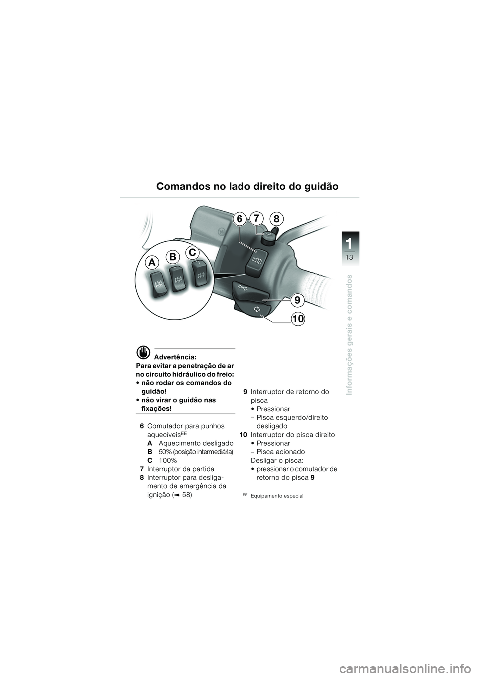 BMW MOTORRAD R 850 R 2004 Manual do condutor (in Portuguese) 1
Informações gerais e comandos
13
d Advertência:
Para evitar a penetração de ar
no circuito hidráulico do freio:
não rodar os comandos do guidão!
não virar o guidão nas
fixações!
BMW MOTORRAD R 850 R 2004 Manual do condutor (in Portuguese) 1
Informações gerais e comandos
13
d Advertência:
Para evitar a penetração de ar
no circuito hidráulico do freio:
não rodar os comandos do guidão!
não virar o guidão nas
fixações!