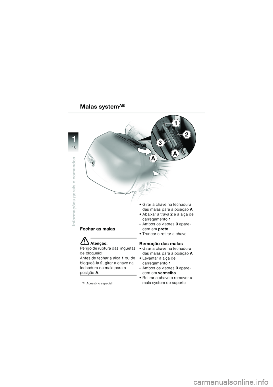 BMW MOTORRAD R 1150 R 2004  Manual do condutor (in Portuguese) 1
Informações gerais e comandos
18
Fechar as malas
e Atenção:
Perigo de ruptura das linguetas 
de bloqueio!
Antes de fechar a alça  1 ou de 
bloqueá-la  2, girar a chave na 
fechadura da mala pa