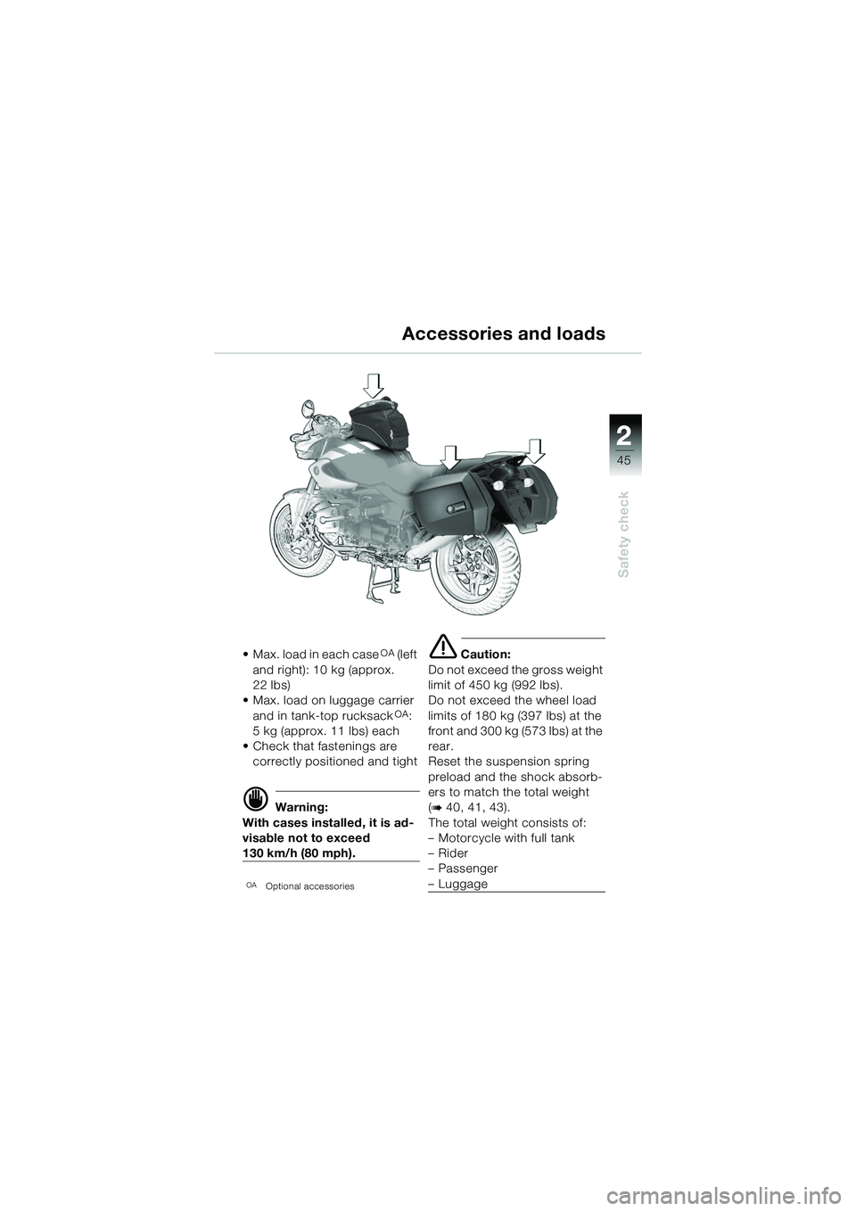 BMW MOTORRAD R 1150 R 2002 Riders Manual (in English) 2
45
2
Safety check
Accessories and loads
• Max. load in each caseOA (left
and right): 10 kg (approx.
22 lbs)
• Max. load on luggage carrier
and in tank-top rucksack
OA:
5 kg (approx. 11 lbs) BMW MOTORRAD R 1150 R 2002 Riders Manual (in English) 2
45
2
Safety check
Accessories and loads
• Max. load in each caseOA (left
and right): 10 kg (approx.
22 lbs)
• Max. load on luggage carrier
and in tank-top rucksack
OA:
5 kg (approx. 11 lbs)