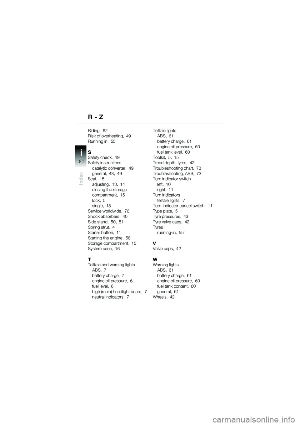 BMW MOTORRAD R 1150 R 2002  Riders Manual (in English) i
84
Index
Riding,  62
Risk of overheating,  49
Running in,  55
SSafety check,  19
Safety instructionscatalytic converter,  49
general,  48,  49
Seat,  15 adjusting,  13,  14
closing the storage 
comp