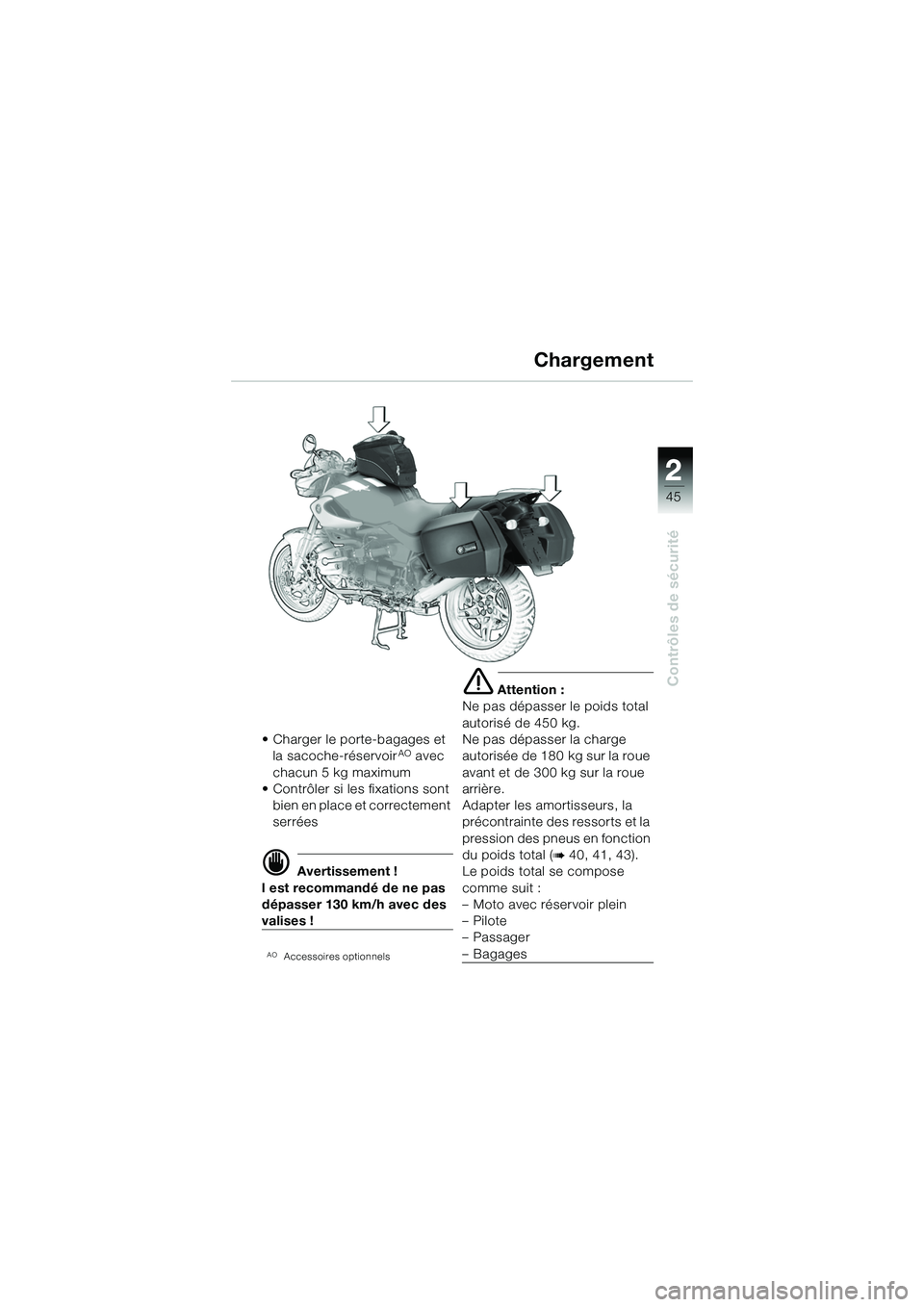 BMW MOTORRAD R 1150 R 2002 Livret de bord (in French) 2
45
2
Contrôles de sécurité
Chargement
• Charger le porte-bagages et la sacoche-réservoirAO avec
chacun 5 kg maximum
• Contrôler si les fixations sont bien en place et correctement
serré BMW MOTORRAD R 1150 R 2002 Livret de bord (in French) 2
45
2
Contrôles de sécurité
Chargement
• Charger le porte-bagages et la sacoche-réservoirAO avec
chacun 5 kg maximum
• Contrôler si les fixations sont bien en place et correctement
serré