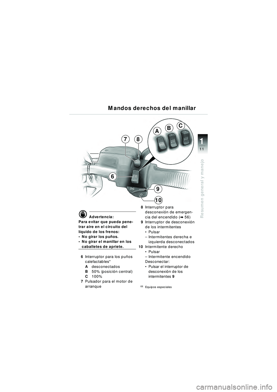 BMW MOTORRAD R 1150 R 2002  Manual de instrucciones (in Spanish) 1
Resumen general y manejo
11
BA
C
9
10
87
6
\f Advertencia:
Para evitar que pueda pene-
trar aire en el circuito del 
l í quido de los frenos: 
 No girar los pu ños.
 No girar el manillar en los 