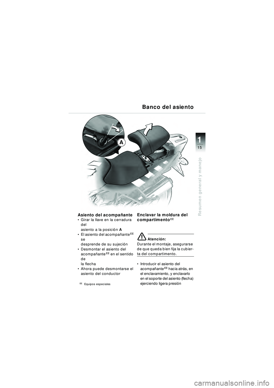 BMW MOTORRAD R 1150 R 2002  Manual de instrucciones (in Spanish) 1
Resumen general y manejo
15A
Asiento del acompañante Girar la llave en la cerradura 
del 
asiento a la posici ón A 
 El asiento del acompa ñante
EE 
se 
desprende de su sujeci ón
 Desmontar e