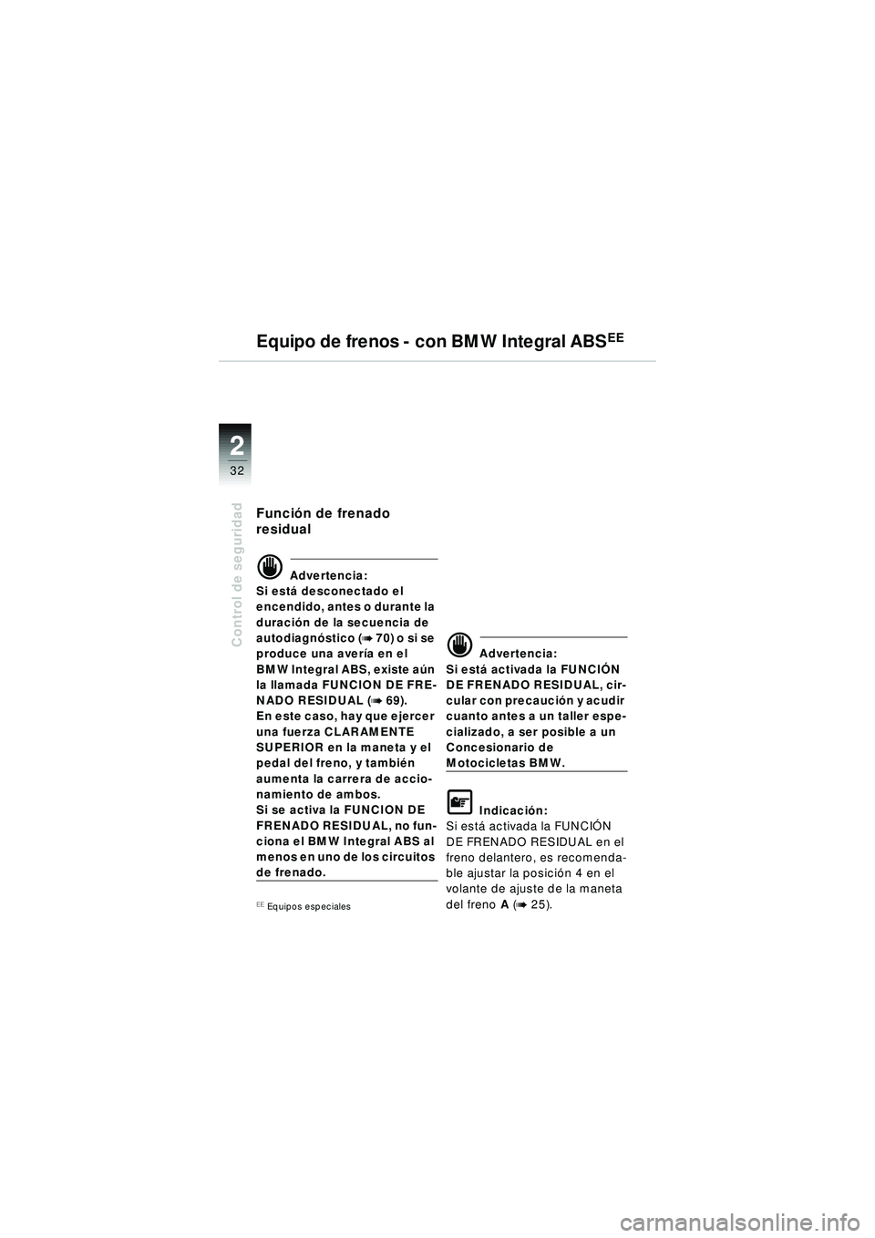 BMW MOTORRAD R 1150 R 2002 Manual de instrucciones (in Spanish) 22
32
Control de seguridad
Función de frenado
residual
\f Advertencia:
Si est á desconectado el
encendido, antes o durante la
duració n de la secuencia de
autodiagn óstico (
b 70) o si se
pro BMW MOTORRAD R 1150 R 2002 Manual de instrucciones (in Spanish) 22
32
Control de seguridad
Función de frenado
residual
\f Advertencia:
Si est á desconectado el
encendido, antes o durante la
duració n de la secuencia de
autodiagn óstico (
b 70) o si se
pro